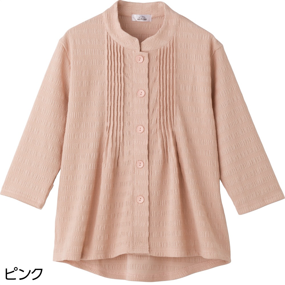 7分袖斜め釦ホールピンタックブラウス