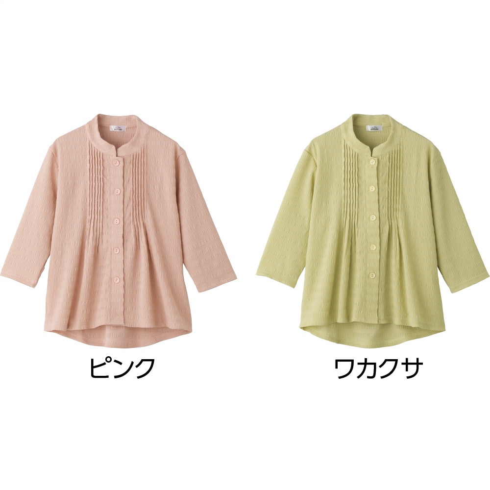 7分袖斜め釦ホールピンタックブラウス