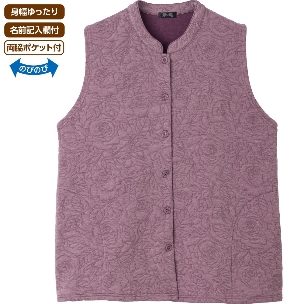 薄中綿キルトバラ柄ベスト