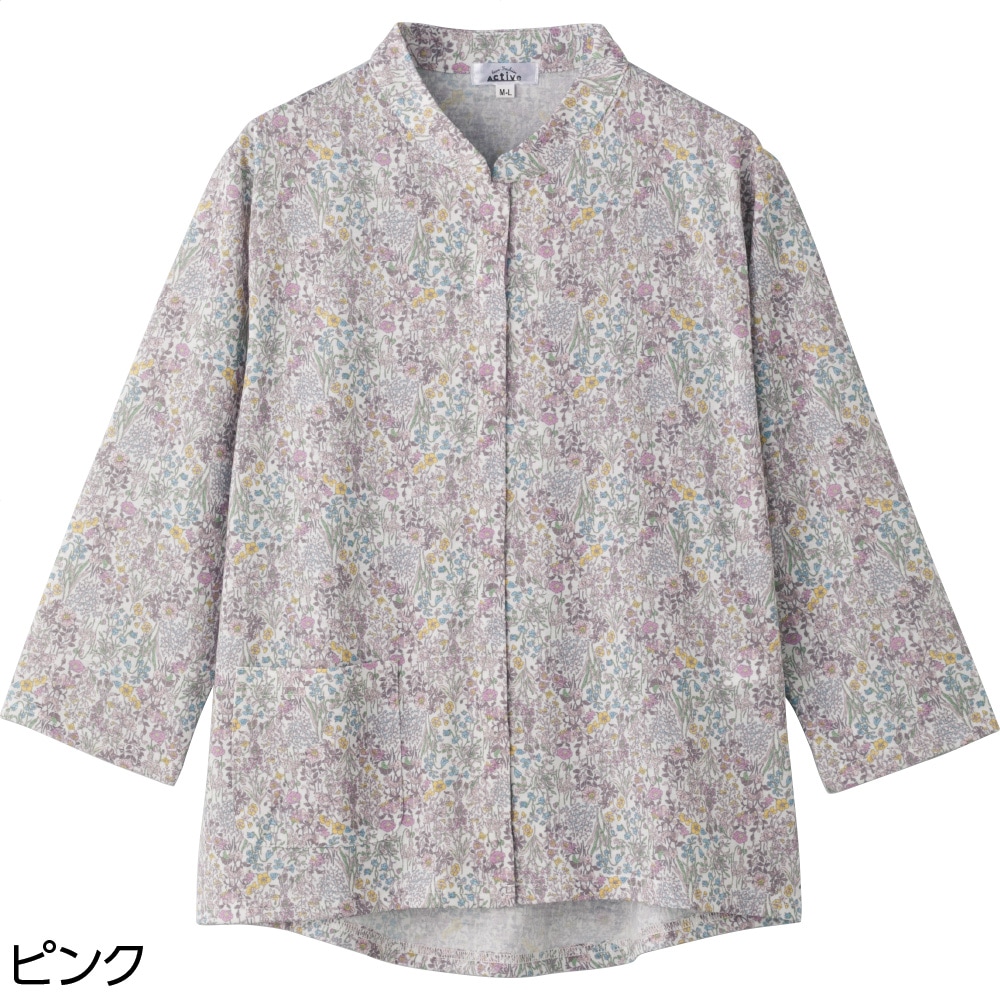 7分袖スナップ釦前開きＴシャツ