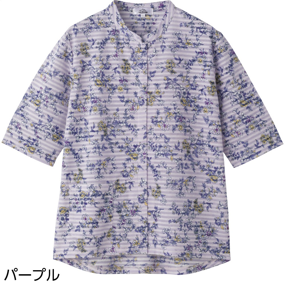 5分袖スナップ釦前開きＴシャツ