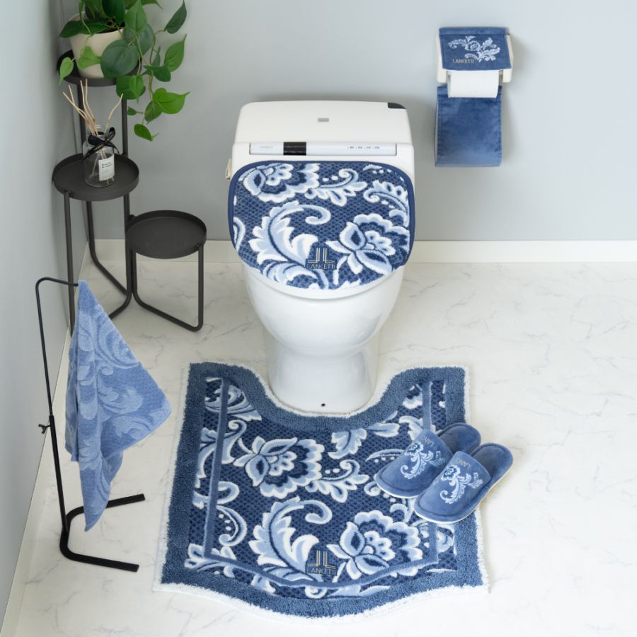 ランチェッティ ピッツォ トイレ5点セット ロングトイレマット+兼用フタカバー+スリッパ+ペーパーホルダーカバー+ハンドタオル ブルー/ベージュ/グレー/ピンク