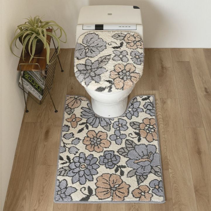 SDS シャーロット トイレ2点セット ロングトイレマット+トイレ兼用フタカバー（普通便座＆温水洗浄・暖房便座兼用） グレー/ローズ
