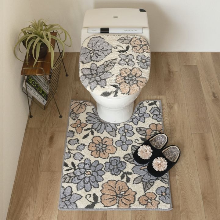 SDS シャーロット トイレ3点セット ロングトイレマット+トイレ兼用フタカバー（普通便座＆温水洗浄・暖房便座兼用）+スリッパ グレー/ローズ