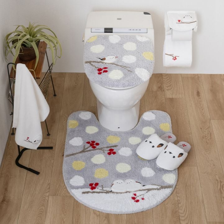 SDS シマエナガちゃん トイレ5点セット（ロングトイレマット+兼用フタカバー+スリッパ+ペーパーホルダーカバー+ハンドタオル） ブルー/グレー