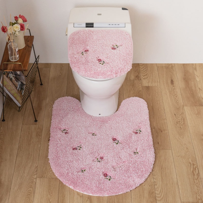 SDS yorisou スイートローズ トイレ2点セット ロングトイレマット+兼用フタカバー（普通便座＆温水洗浄・暖房便座兼用） ピンク