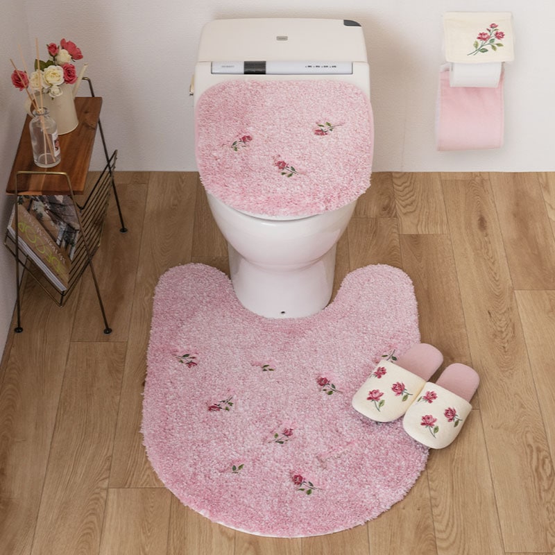 SDS yorisou スイートローズ トイレ4点セット ロングトイレマット+兼用フタカバー（普通便座＆温水洗浄・暖房便座兼用）+スリッパ+ペーパーホルダーカバー ピンク