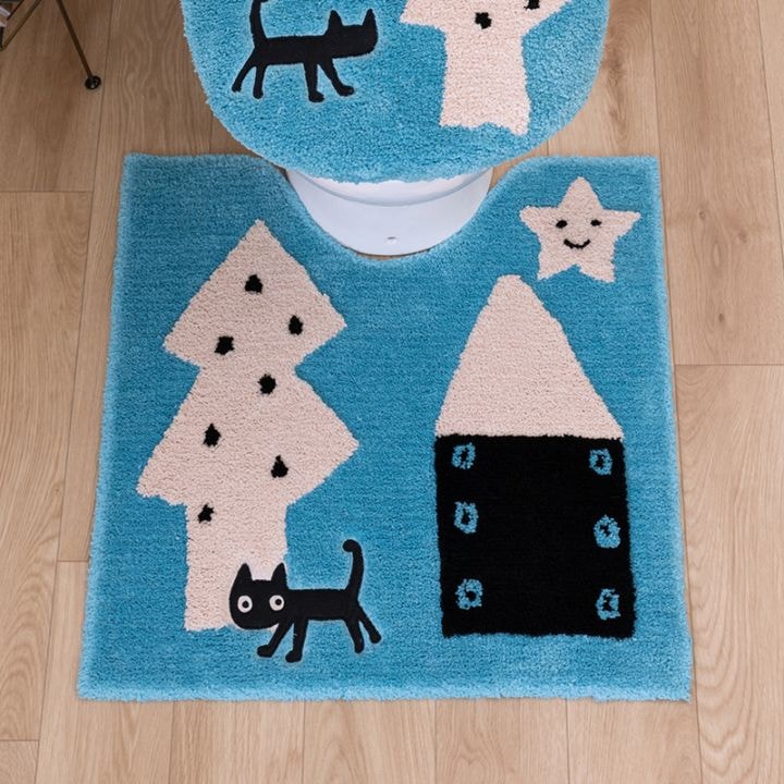 アツコマタノ 迷子のMEME BEBE トイレマット 約60×60cm ブルー/アイボリー