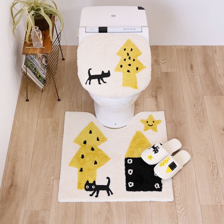 アツコマタノ 迷子のMEME BEBE トイレ3点セット トイレマット+兼用フタカバー（普通便座＆温水洗浄・暖房便座兼用）+スリッパ ブルー/アイボリー