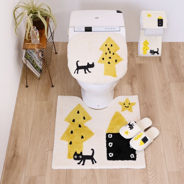 アツコマタノ 迷子のMEME BEBE トイレ4点セット トイレマット+兼用フタカバー（普通便座＆温水洗浄・暖房便座兼用）+スリッパ+ペーパーホルダーカバー ブルー/アイボリー