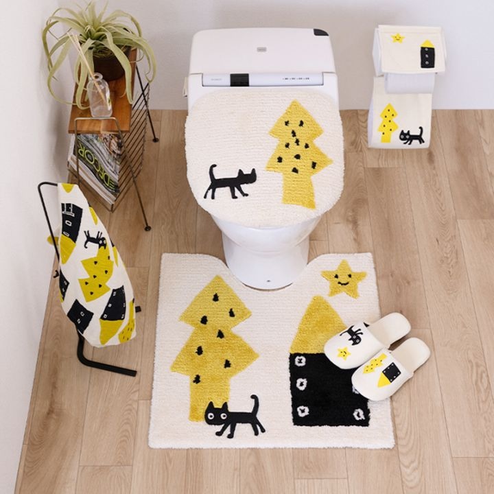 アツコマタノ 迷子のMEME BEBE トイレ5点セット トイレマット+兼用フタカバー（普通便座＆温水洗浄・暖房便座兼用）+スリッパ+ペーパーホルダーカバー+ハンドタオル ブルー/アイボリー