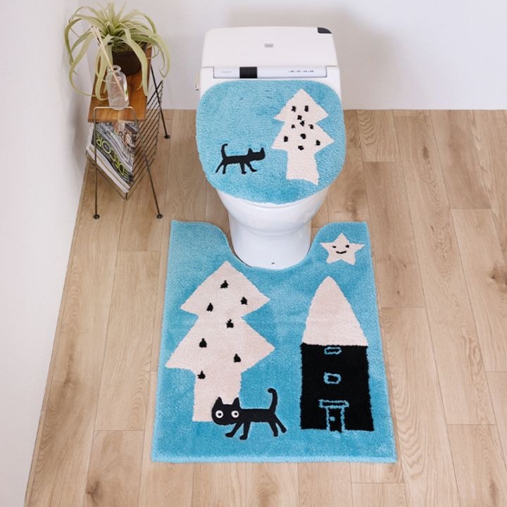 アツコマタノ 迷子のMEME BEBE トイレ2点セット ロングトイレマット+兼用フタカバー(普通便座&温水洗浄・暖房便座兼用) ブルー/アイボリー