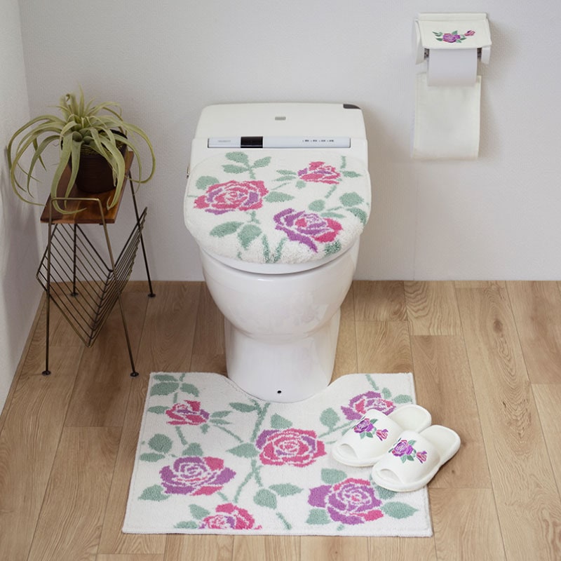 ラルジュルタン グレイス トイレ4点セット トイレマット+兼用フタカバー（普通便座＆温水洗浄・暖房便座兼用）+スリッパ+ペーパーホルダーカバー ブラック/アイボリー