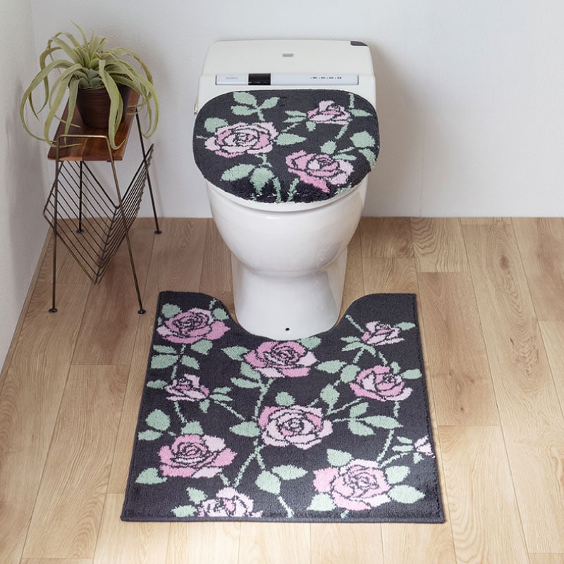 ラルジュルタン グレイス トイレ2点セット ロングトイレマット+兼用フタカバー（普通便座＆温水洗浄・暖房便座兼用） ブラック/アイボリー