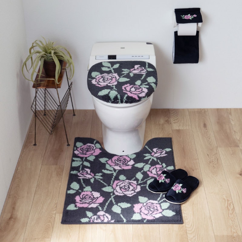 ラルジュルタン グレイス トイレ4点セット ロングトイレマット+兼用フタカバー（普通便座＆温水洗浄・暖房便座兼用）+スリッパ+ペーパーホルダーカバー ブラック/アイボリー