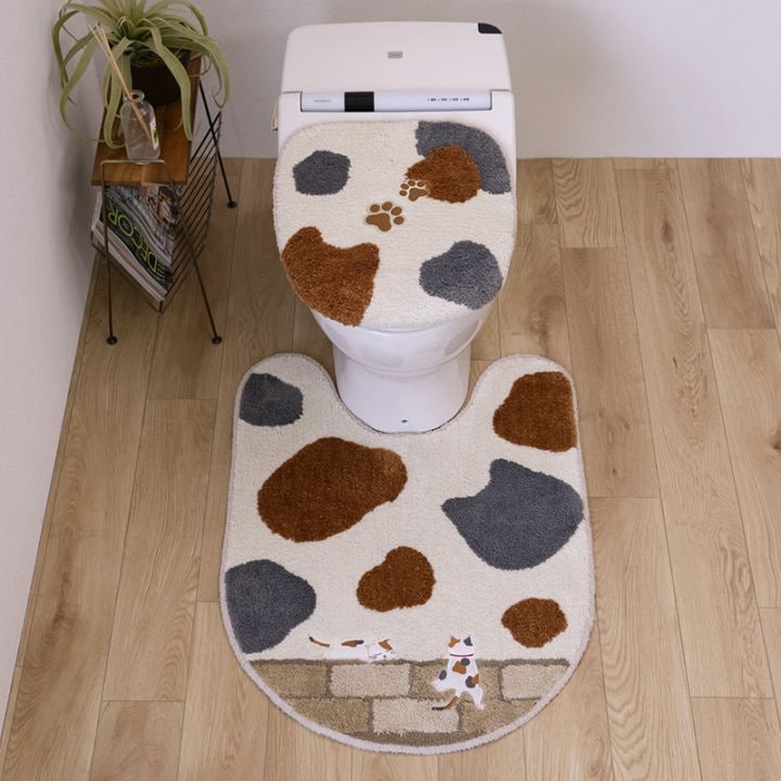 SDS 和にゃんこ ミケ トイレ2点セット ロングトイレマット+兼用フタカバー（普通便座＆温水洗浄・暖房便座兼用） ベージュ