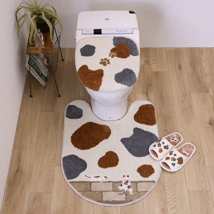 SDS 和にゃんこ ミケ トイレ3点セット ロングトイレマット+兼用フタカバー（普通便座＆温水洗浄・暖房便座兼用）+スリッパ ベージュ