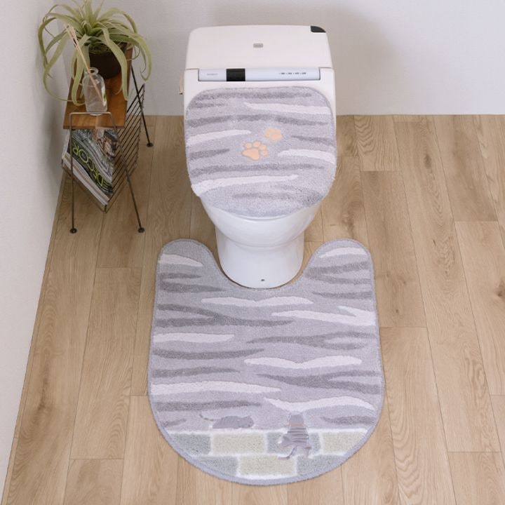 SDS 和にゃんこ サバ トイレ2点セット ロングトイレマット+兼用フタカバー（普通便座＆温水洗浄・暖房便座兼用） グレー