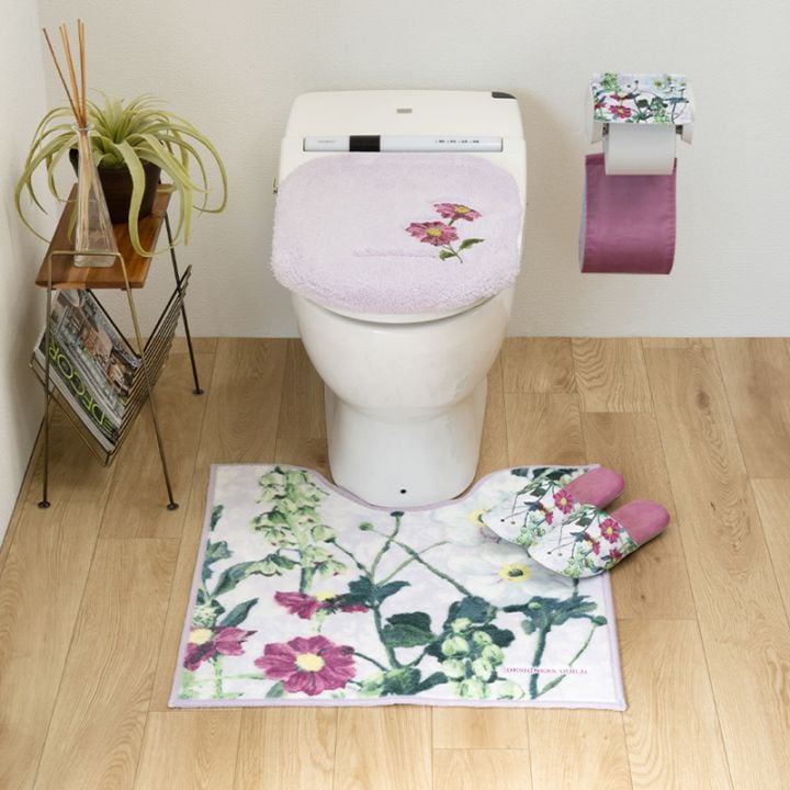 デザイナーズギルド アルテミシア トイレ4点セット トイレマット+兼用フタカバー+スリッパ+ペーパーホルダーカバー アイボリー/ピンク