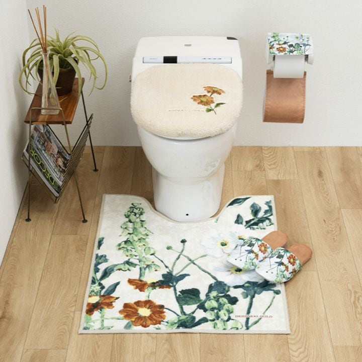 デザイナーズギルド アルテミシア トイレ4点セット ロングトイレマット+兼用フタカバー+スリッパ+ペーパーホルダーカバー アイボリー/ピンク