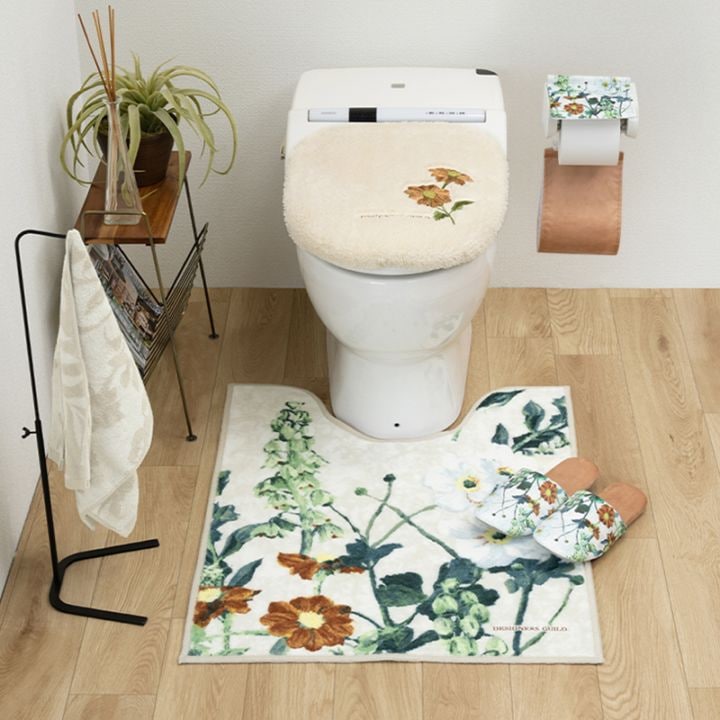 デザイナーズギルド アルテミシア トイレ5点セット ロングトイレマット+兼用フタカバー+スリッパ+ペーパーホルダーカバー+ハンドタオル アイボリー/ピンク