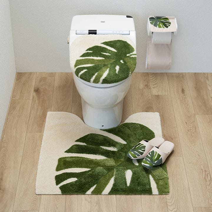 M+home レフティ トイレ4点セット ロングトイレマット+兼用フタカバー+スリッパ+ペーパーホルダーカバー グリーン