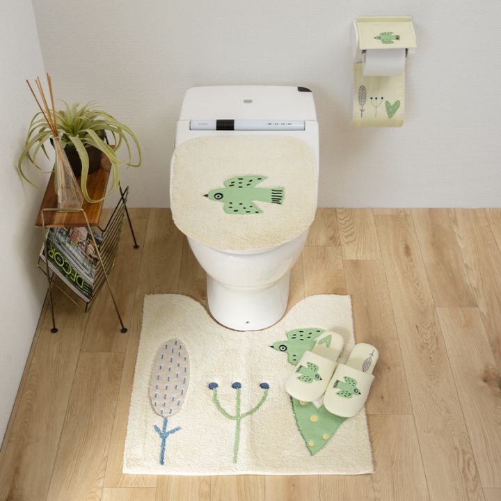 アツコマタノ 朝 トイレ4点セット トイレマット+兼用フタカバー+スリッパ+ペーパーホルダーカバー グレー/アイボリー