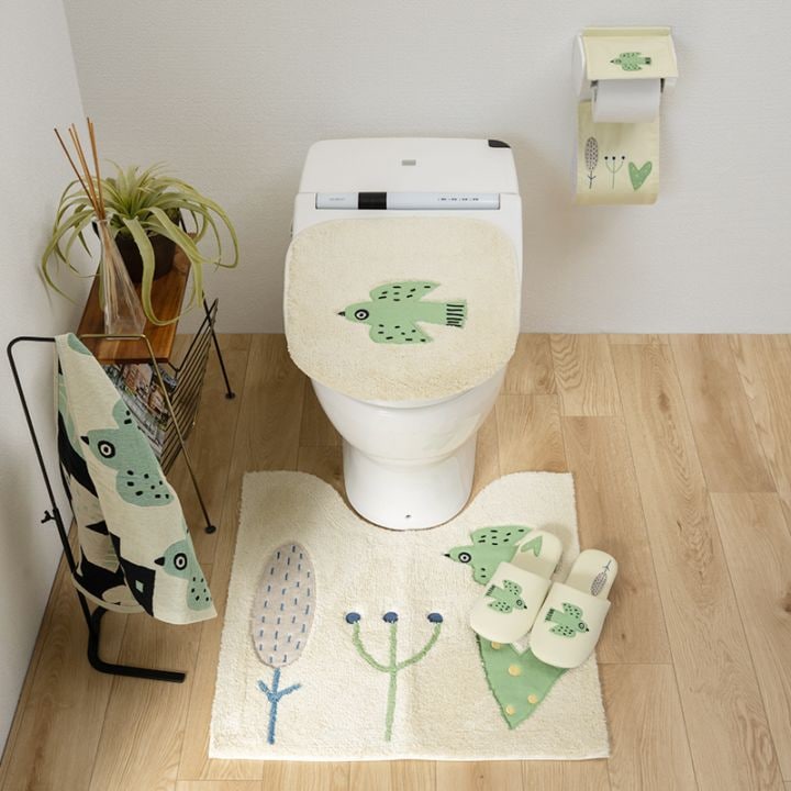 アツコマタノ 朝 トイレ5点セット トイレマット+兼用フタカバー+スリッパ+ペーパーホルダーカバー+フェイスタオル グレー/アイボリー