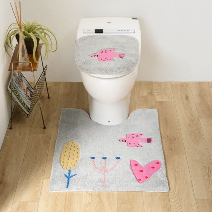 アツコマタノ 朝 トイレ2点セット ロングトイレマット+兼用フタカバー グレー/アイボリー