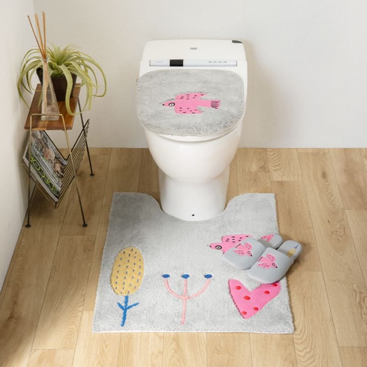 アツコマタノ 朝 トイレ3点セット ロングトイレマット+兼用フタカバー+スリッパ グレー/アイボリー