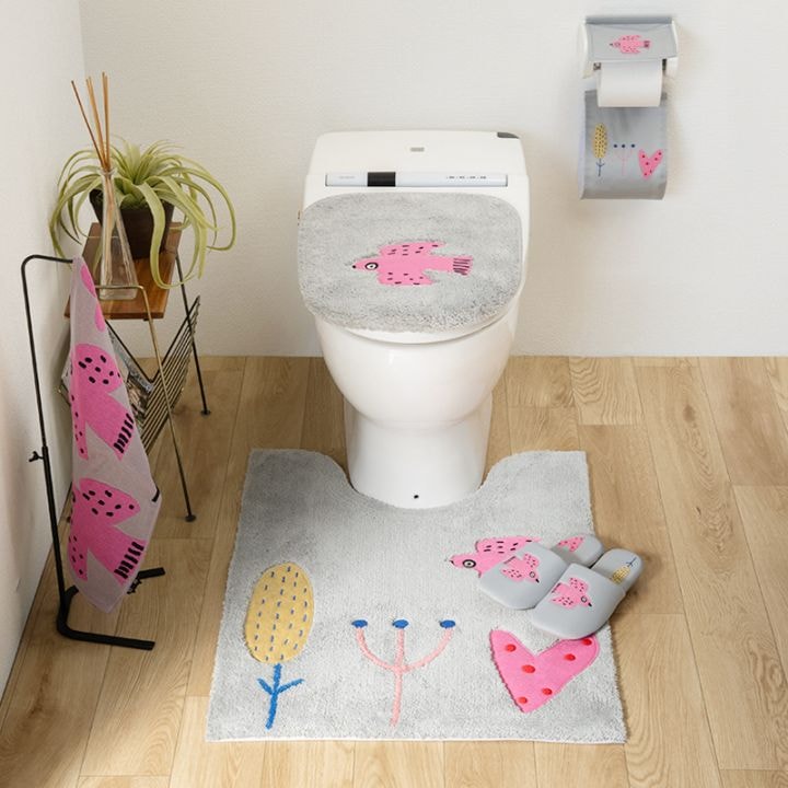 アツコマタノ 朝 トイレ5点セット ロングトイレマット+兼用フタカバー+スリッパ+ペーパーホルダーカバー+フェイスタオル グレー/アイボリー