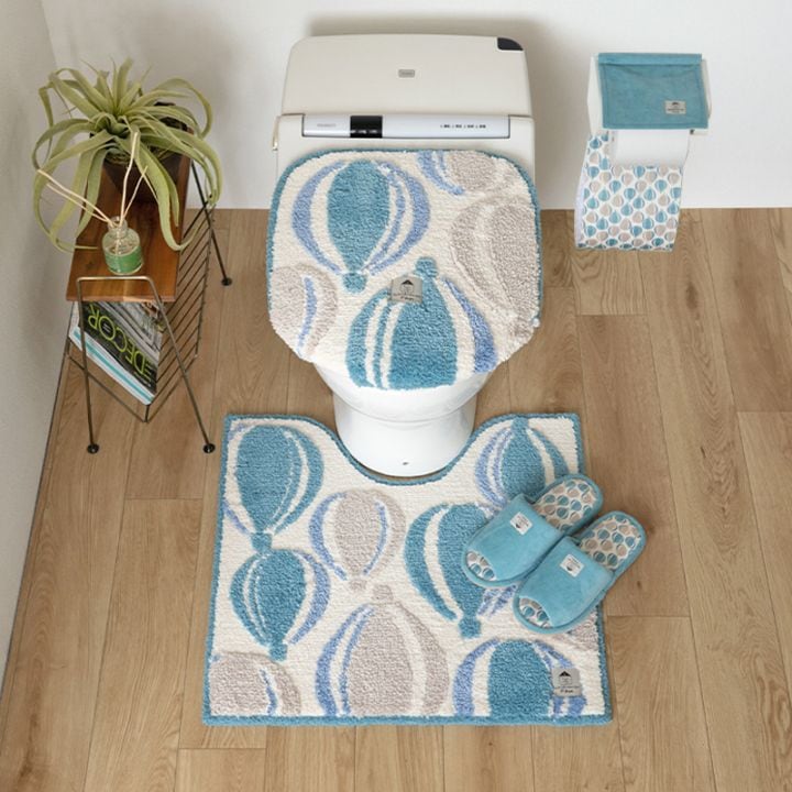 SDS Scandinavian Fika バルーン トイレ4点セット トイレマット+兼用フタカバー+スリッパ+ペーパーホルダーカバー ブルー/イエロー
