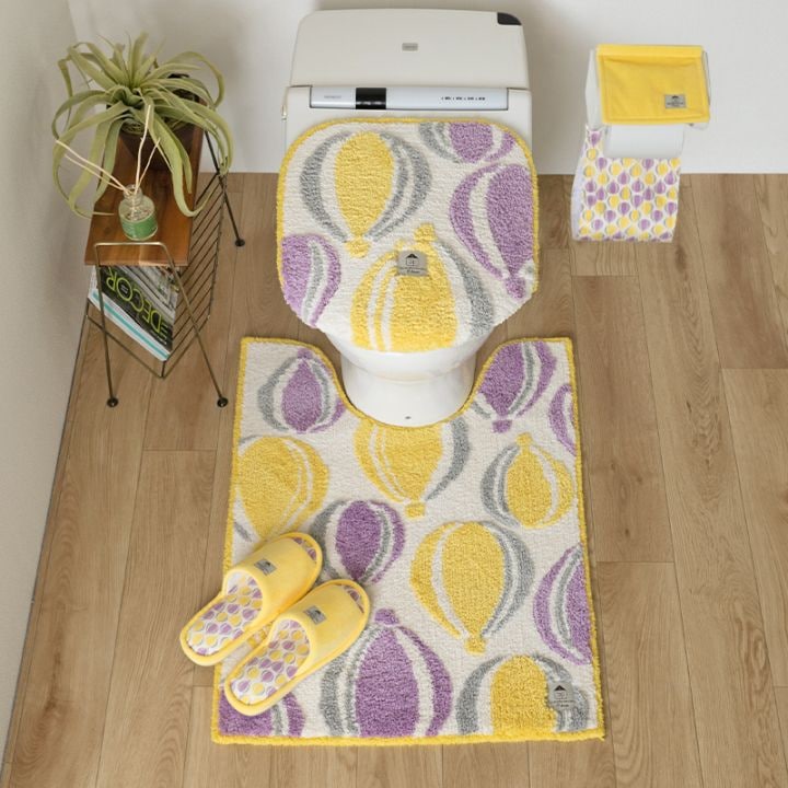 SDS Scandinavian Fika バルーン トイレ4点セット ロングトイレマット+兼用フタカバー+スリッパ+ペーパーホルダーカバー ブルー/イエロー