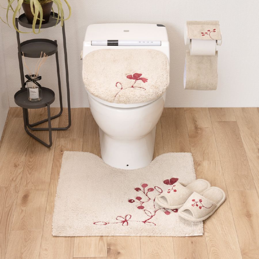 シビラ レガーロ トイレ4点セット トイレマット+兼用フタカバー+スリッパ+ペーパーホルダーカバー ベージュ/グリーン
