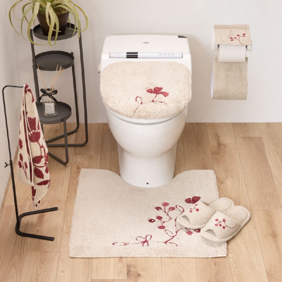 シビラ レガーロ トイレ5点セット トイレマット+兼用フタカバー+スリッパ+ペーパーホルダーカバー+ハンドタオル ベージュ/グリーン