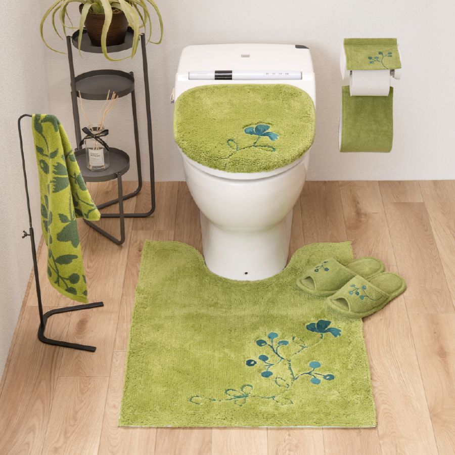 シビラ レガーロ トイレ5点セット ロングトイレマット+兼用フタカバー+スリッパ+ペーパーホルダーカバー+ハンドタオル ベージュ/グリーン
