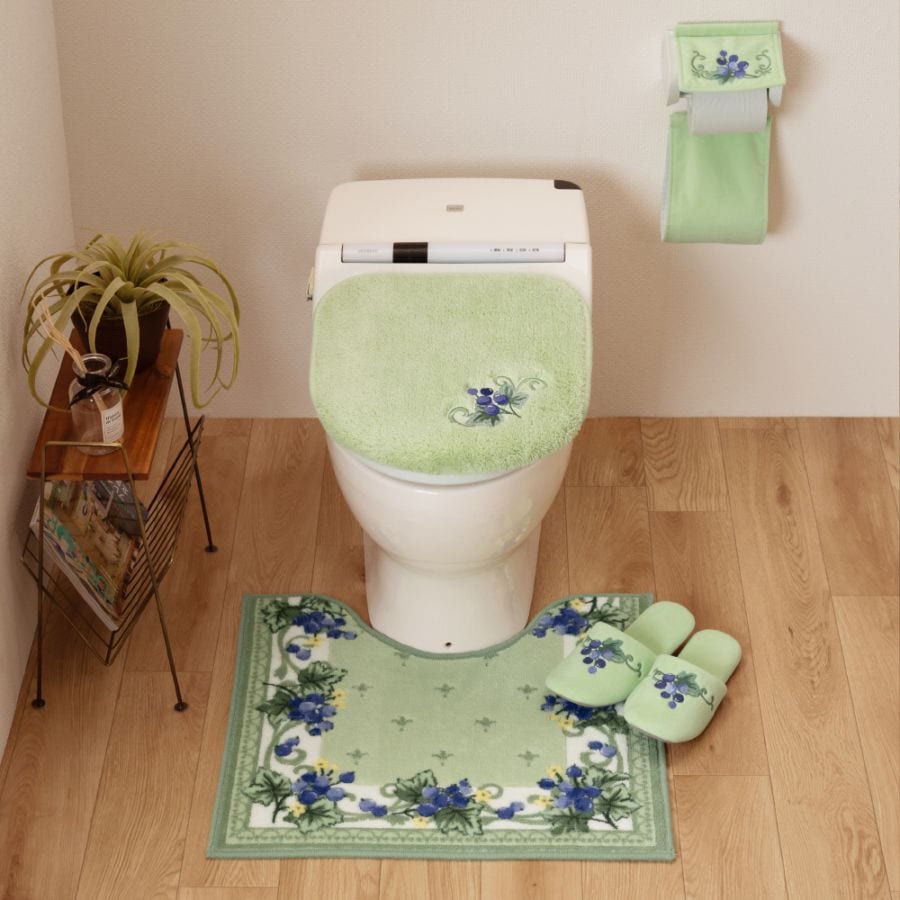 everyday&polite フォレストベリー トイレ4点セット トイレマット+兼用フタカバー+スリッパ+ペーパーホルダーカバー グリーン/ピンク