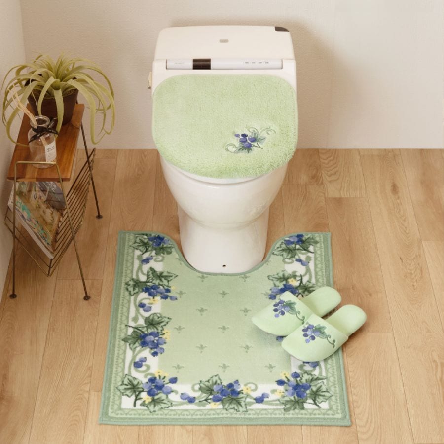 everyday&polite フォレストベリー トイレ3点セット ロングトイレマット+兼用フタカバー+スリッパ グリーン/ピンク