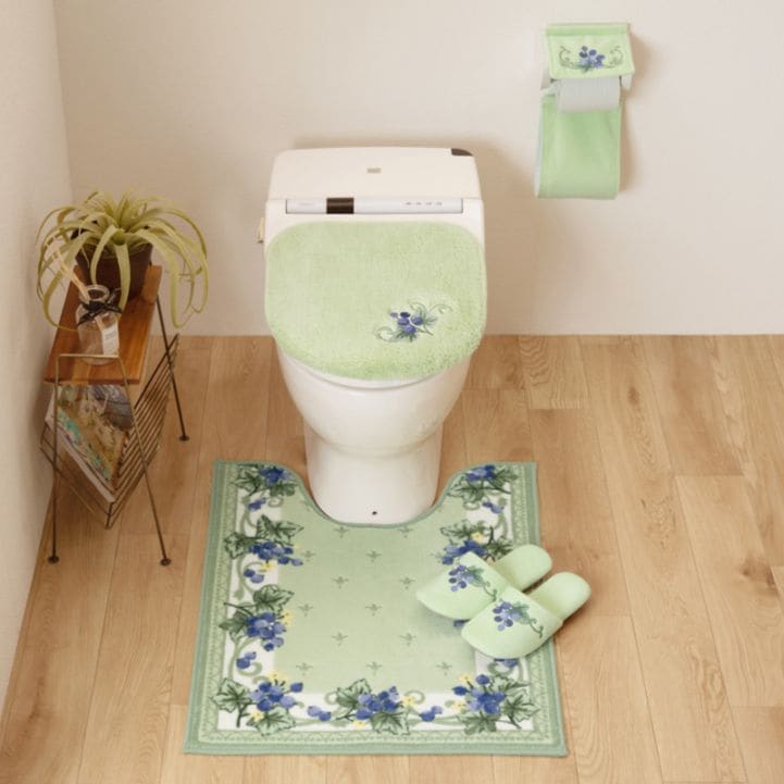 everyday&polite フォレストベリー トイレ4点セット ロングトイレマット+兼用フタカバー+スリッパ+ペーパーホルダーカバー グリーン/ピンク