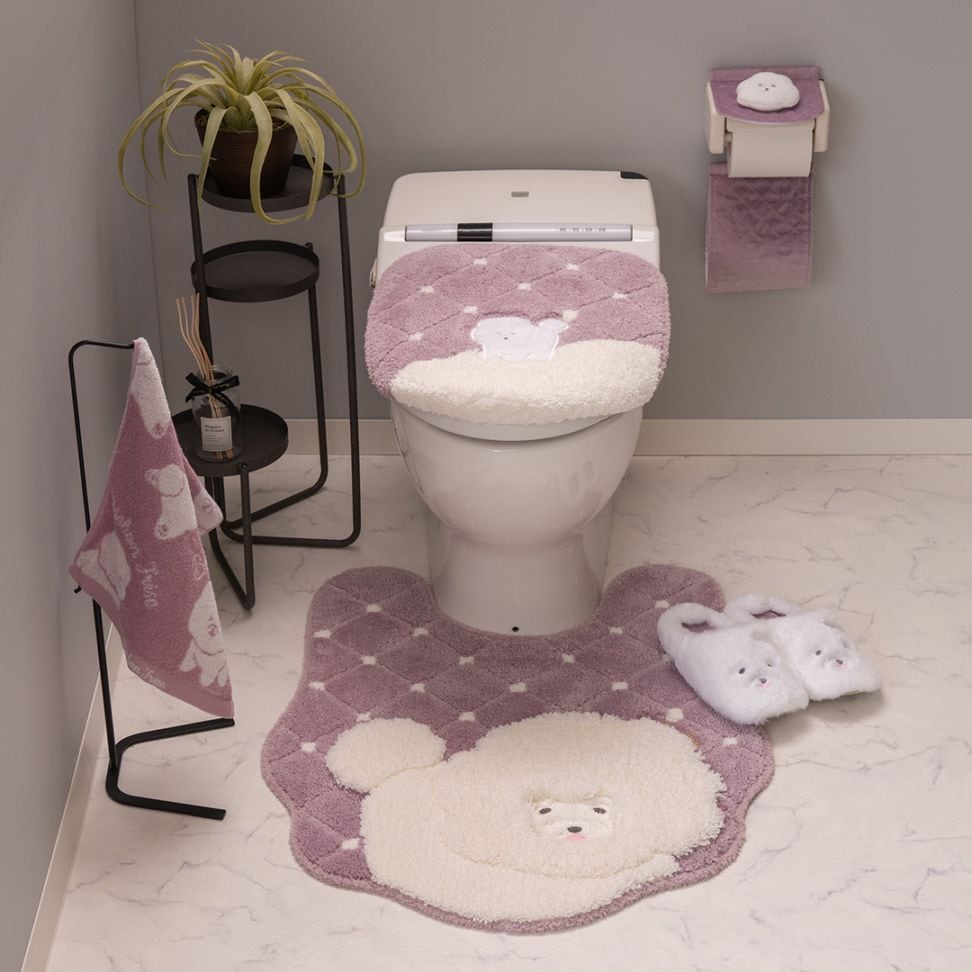 SDS クラウドビション トイレ5点セット ロングトイレマット+兼用フタカバー+スリッパ+ペーパーホルダーカバー+ハンドタオル ベージュ/ピンク