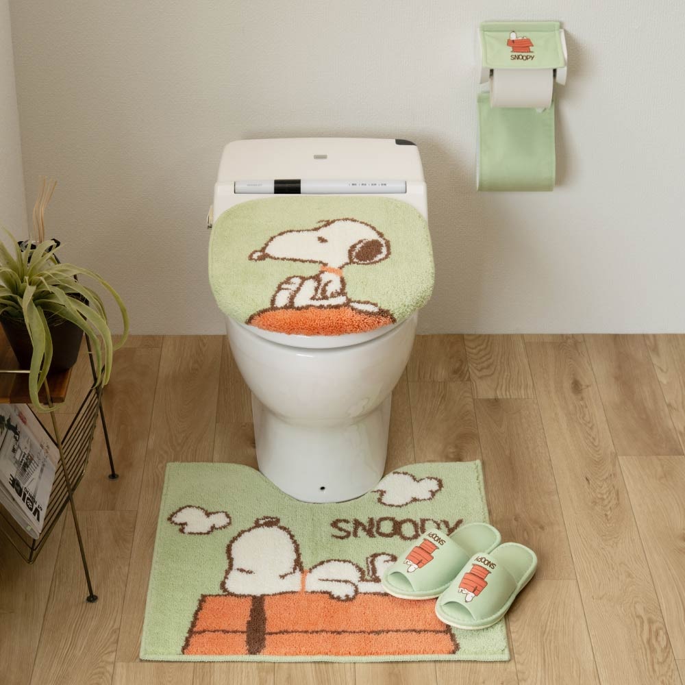PEANUTS ドッグハウス トイレ4点セット トイレマット+兼用フタカバー+スリッパ+ペーパーホルダーカバー グリーン