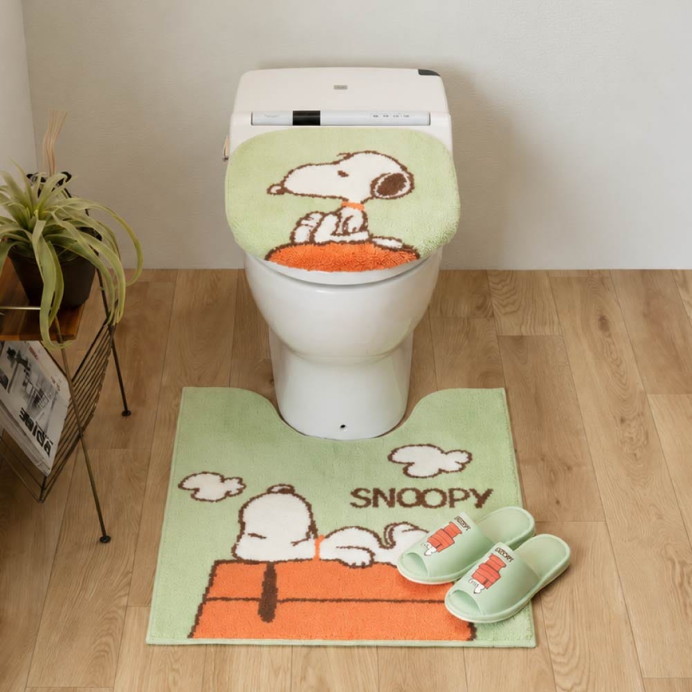 PEANUTS ドッグハウス トイレ3点セット ロングトイレマット+兼用フタカバー+スリッパ グリーン