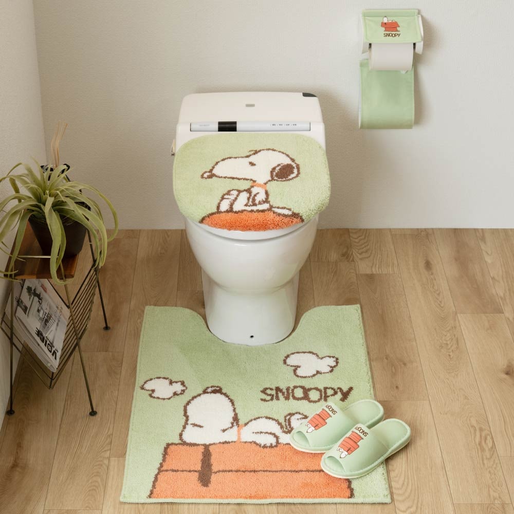 PEANUTS ドッグハウス トイレ4点セット ロングトイレマット+兼用フタカバー+スリッパ+ペーパーホルダーカバー グリーン