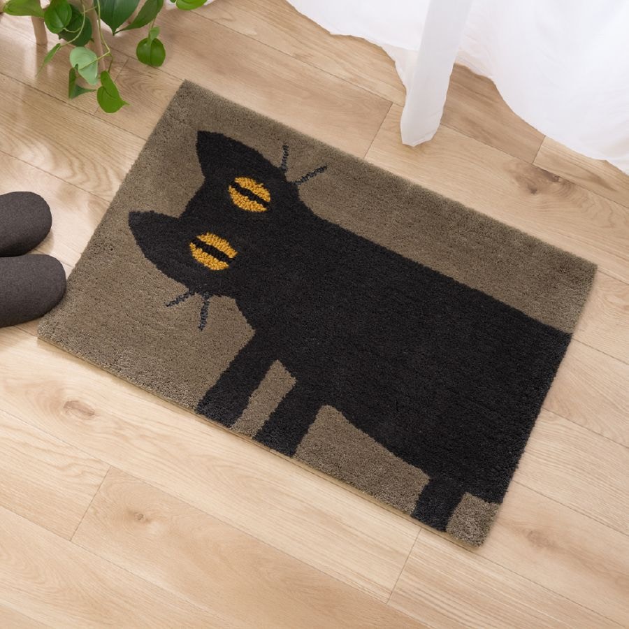 アツコマタノ 横向き猫 インテリアマット 約50×75cm カーキ