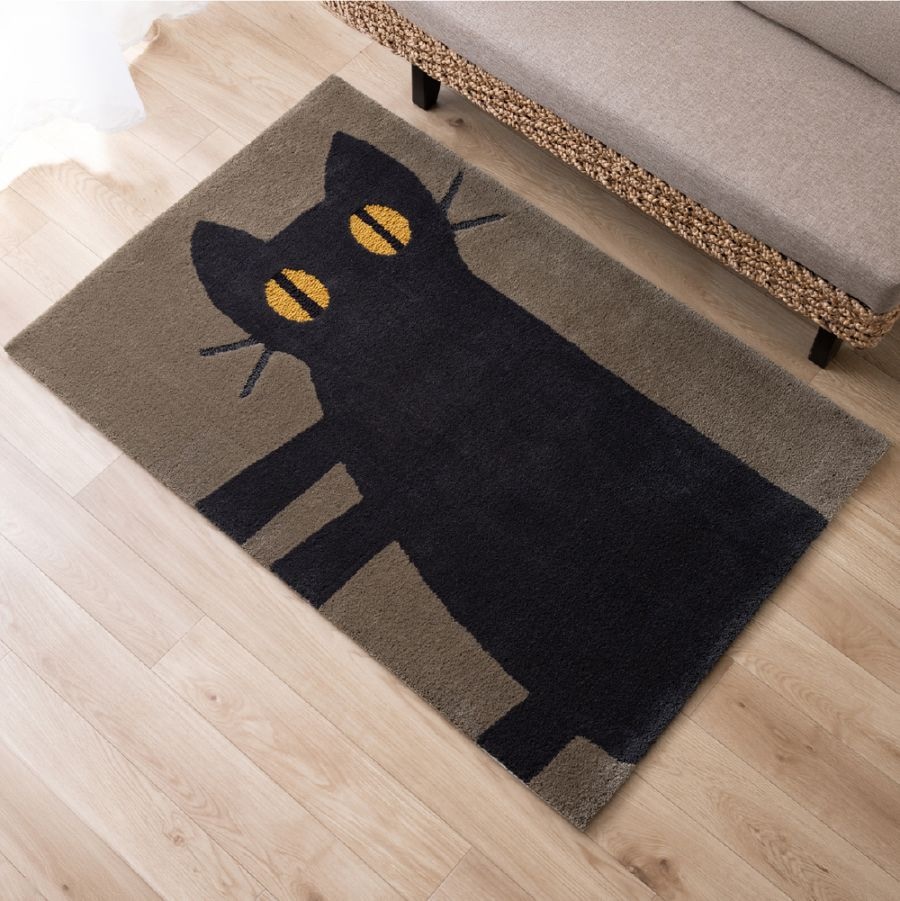 アツコマタノ 横向き猫 インテリアマット 約90×140cm カーキ