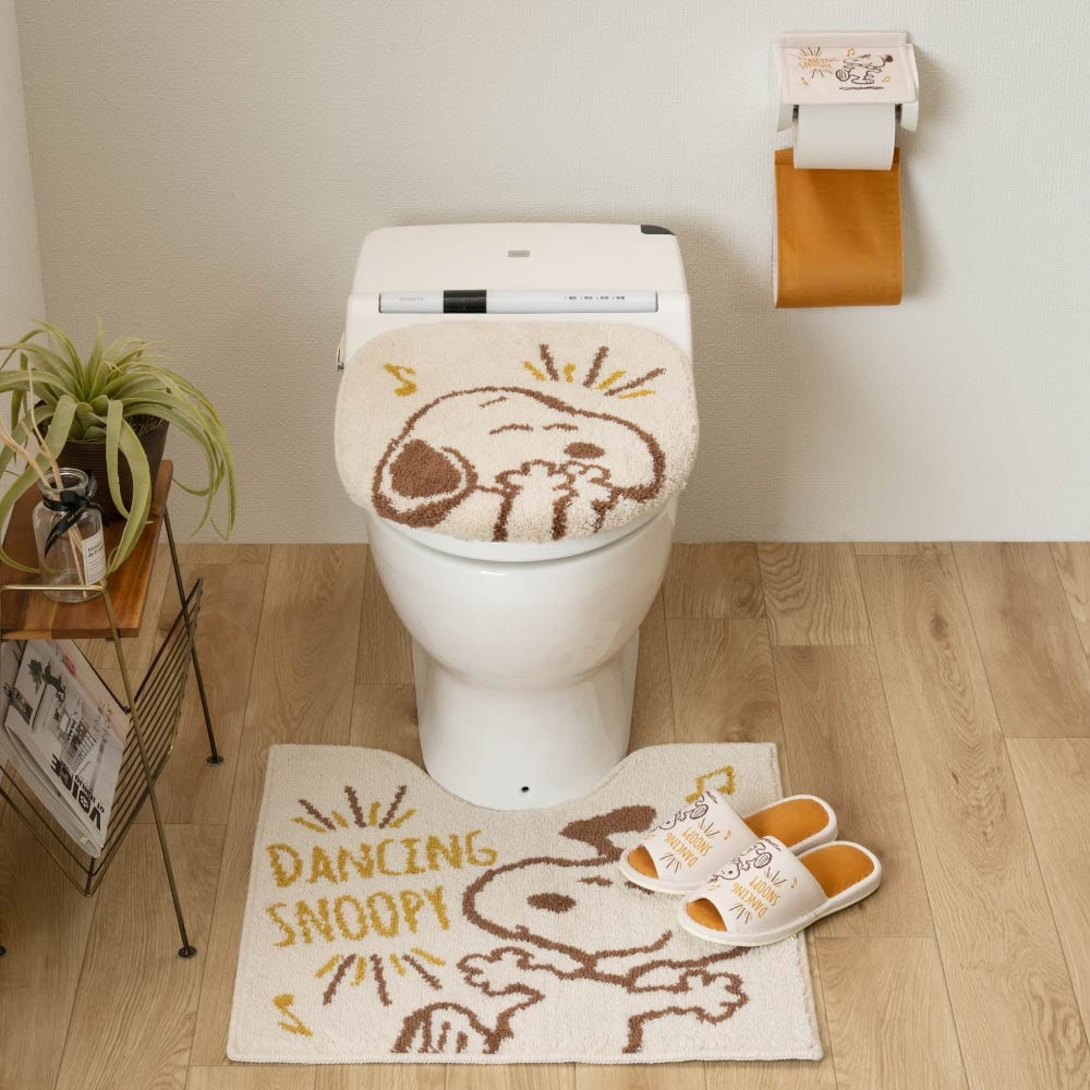 PEANUTS ハッピーダンス トイレ4点セット トイレマット+兼用フタカバー+スリッパ+ペーパーホルダーカバー ベージュ