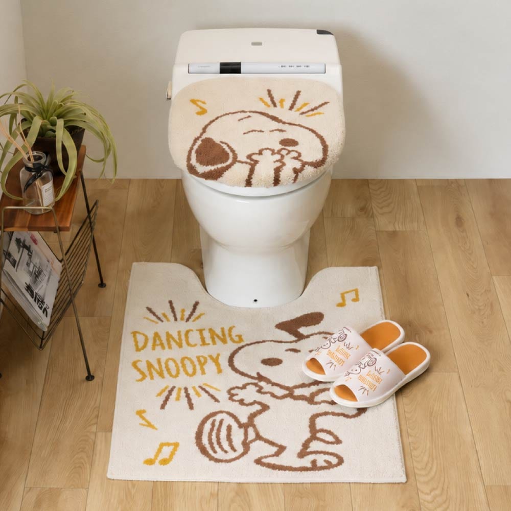 PEANUTS ハッピーダンス トイレ3点セット ロングトイレマット+兼用フタカバー+スリッパ ベージュ