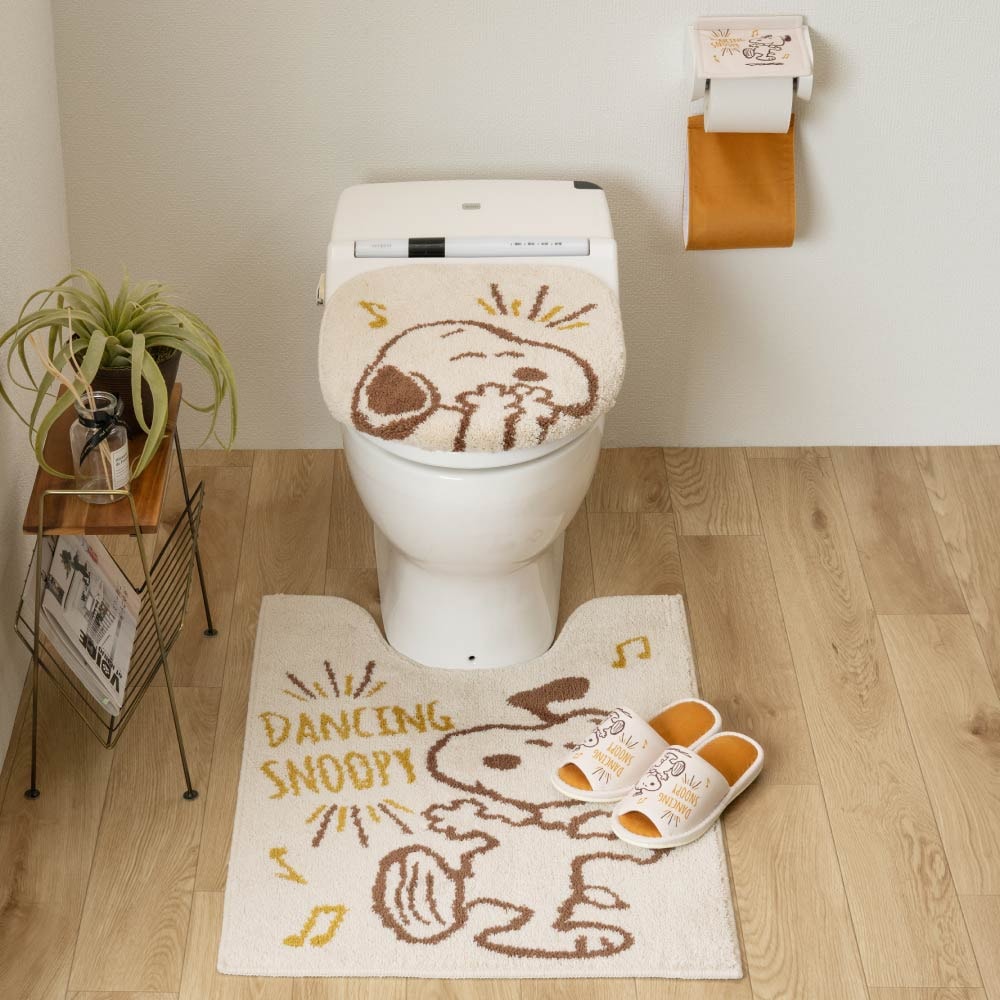 PEANUTS ハッピーダンス トイレ4点セット ロングトイレマット+兼用フタカバー+スリッパ+ペーパーホルダーカバー ベージュ