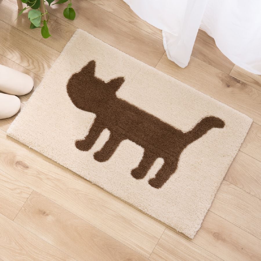 アツコマタノ シルエット猫 インテリアマット 約50×75cm ベージュ/グレー
