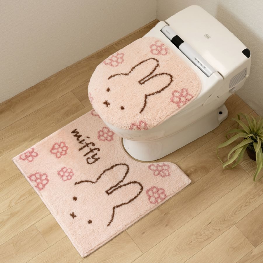 ディックブルーナ ラインフラワー トイレ2点セット トイレマット+兼用フタカバー ピンク